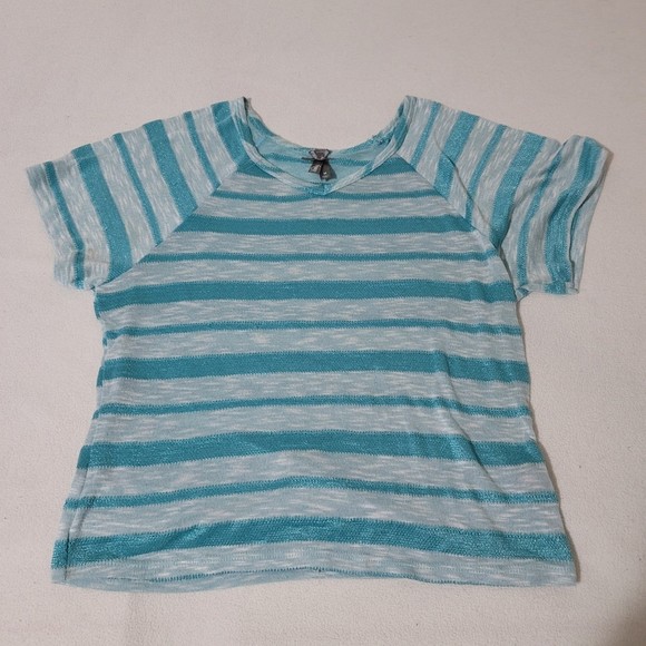 y2k Vanity striped v neck short sleeve tee shiny blue top m - Picture 5 of 11